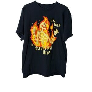 Spencers "It's Fine, It's F*king Fine" Flame Skeleton Black Graphic T-Shirt XL